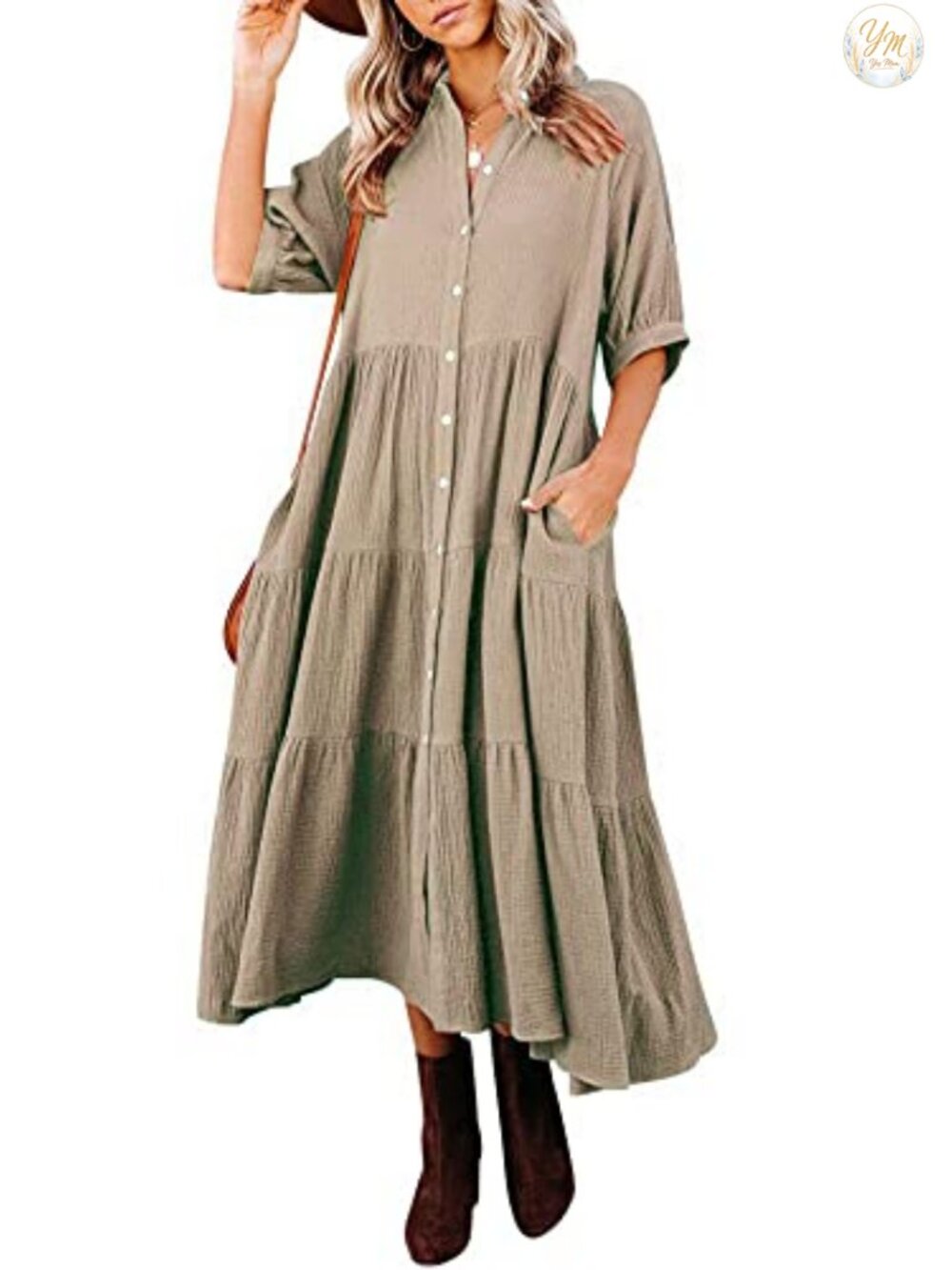 100% Cotton V-Neck Button Down Midi Dress with Pockets Summer Casual